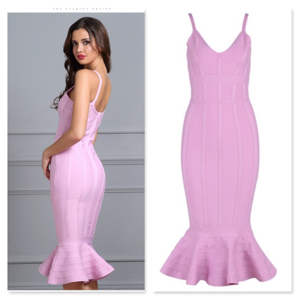 Bandage V-Neck Midi Mermaid Dress in Lilac Pink - Picture 6 of 12